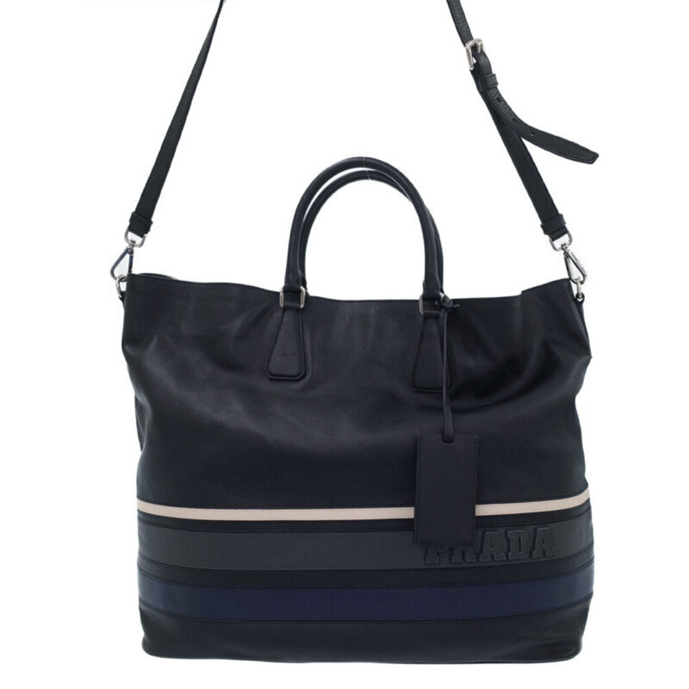 Prada Saffiano Leather Tote Shoulder Bag distinctive striped debossed logo